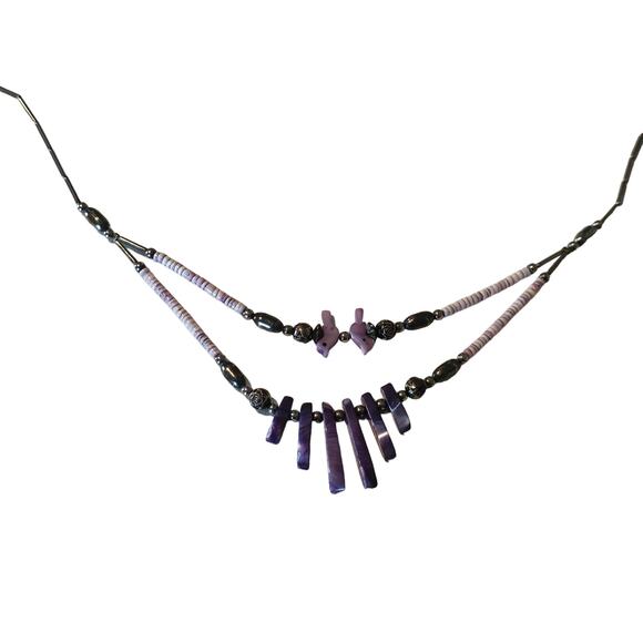 Vintage Purple Carved Bird Fetish Beaded Necklace with Silver Details - Picture 2 of 5